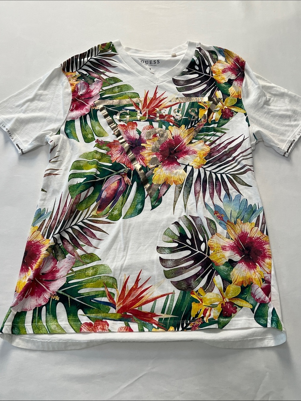 Guess Los Angeles Dwayne Nu Logo Floral Tropic V-Neck T-Shirt